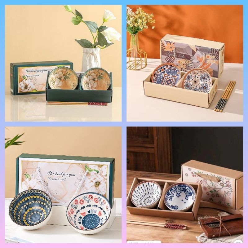 [2 Mangkok] Mangkok set keramik Souvenir Japaness Style Garansi Kotak Orange