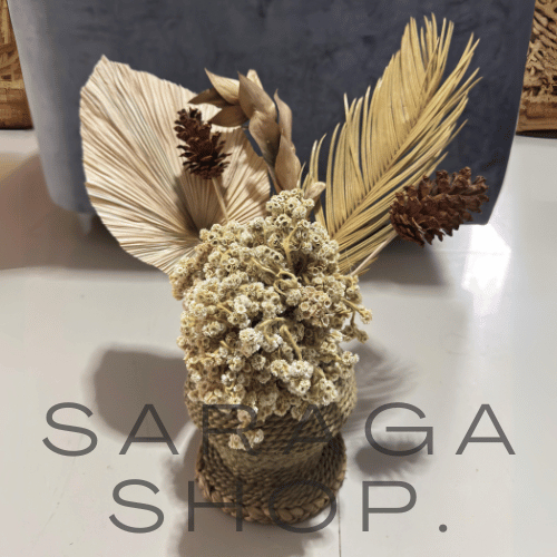 Paket Bunga Kering (Edelweis/Daun Palem/Cantel/Pinus Stick/Ruskus) + Pot Guci Mendong | Hampers, Dek