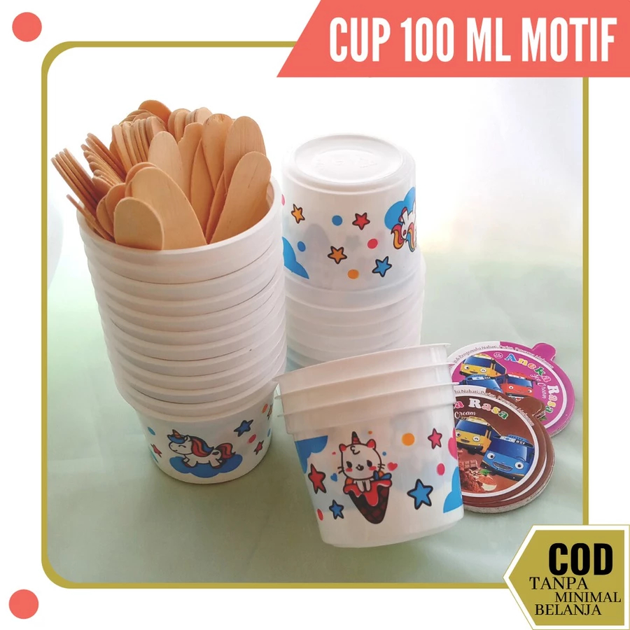 Cup Ice Cream 100ml Gelas Es Krim Wadah Motif 100ml Plastik Batu Malang