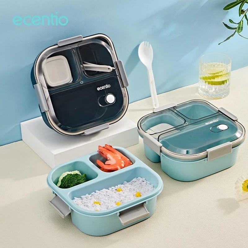TERBARU HOT PRODUCT Ecentio Kotak Makan Anti Tumpah 3 Grid 850ml/1100ml Lunch Box/Disegel Kotak Anti