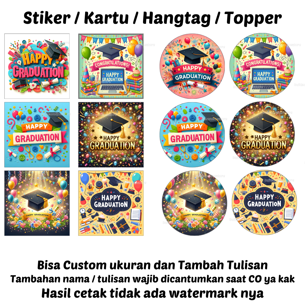 Sticker Stiker / Kartu Ucapan / Topper / Hangtag Happy Graduation label piala selamat wisuda dekoras