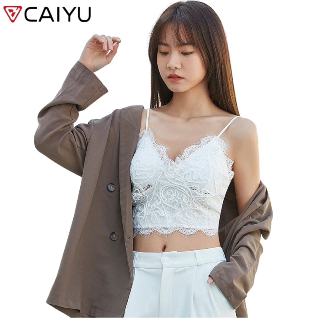 CAIYU Tank Top  Wanita Singlet Bralette Crop Top Spaghetti Strap Sport Bra Tanktop Motif Brukat BRA1