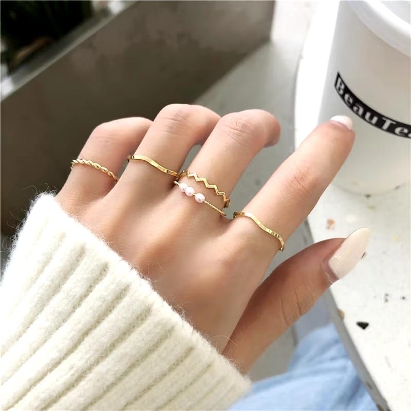 5pcs cincin titanium wanita korea 1set cincin mutiara geometris gaya korea Fashion