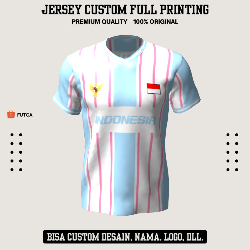 Kaos Jersey Futsal Putih Biru Pink Motif Garis 509 - Jersey Baju Olahraga Custom Full Printing