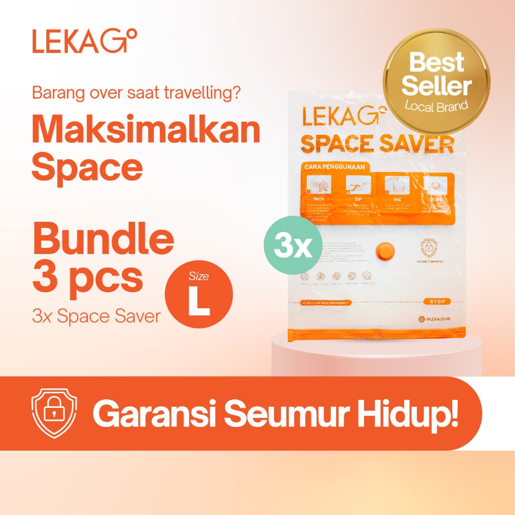 [BUNDLE 3pc SIZE L] LEKA Go Space Saver (Lifetime Guarantee) - Vacuum Storage Plastic Travel Compres