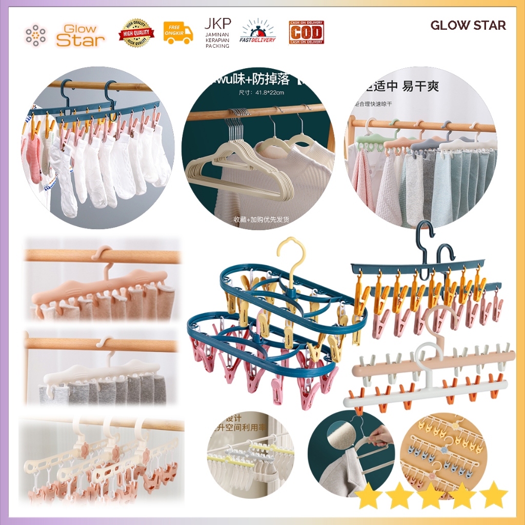 Gantungan baju hanger jepit kaus kaki daleman celana dalam kaos isi 8 dengan jepit set plastik tebal