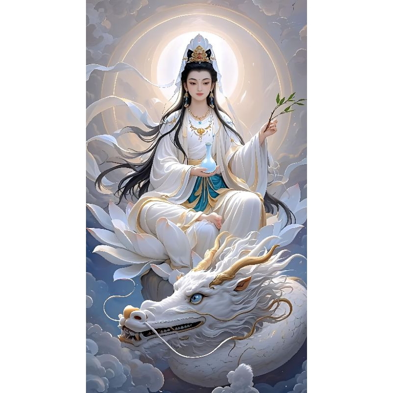 Cetak poster Dewi Kwan Im dan naga putih dekorasi rumah ruangan Tamu kamar aesthetic elegan dan mewa