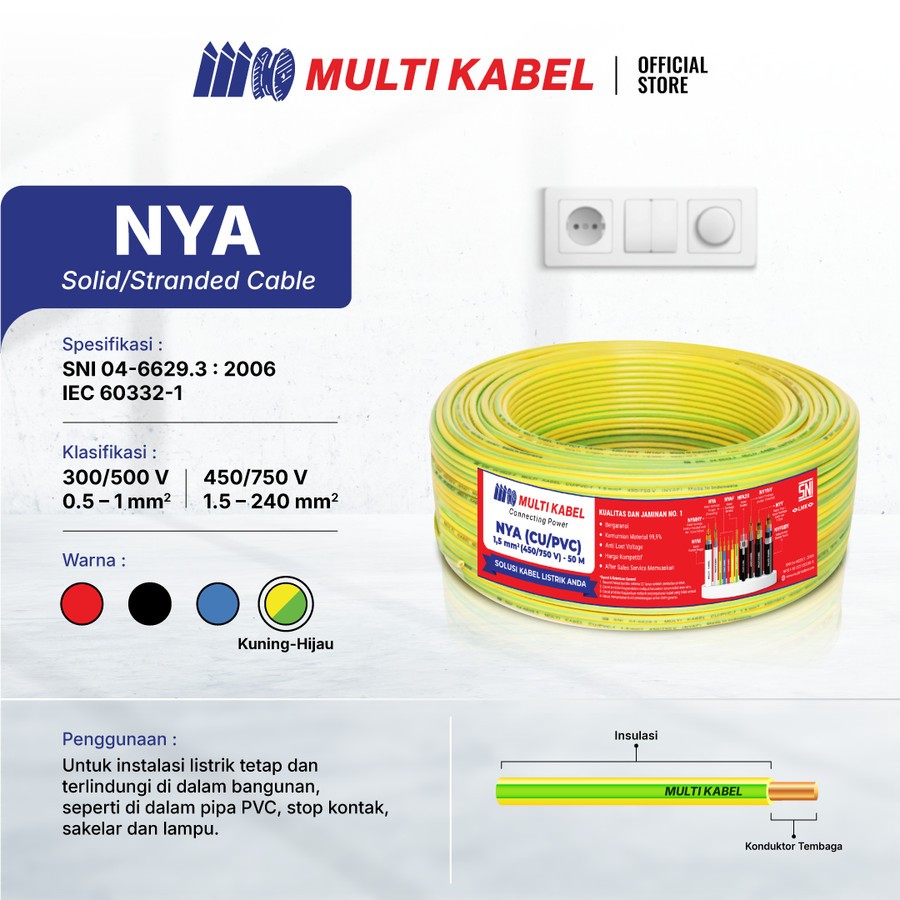 MULTI KABEL - KABEL NYA 1X1.5 1ROLL 50M Kabel Listrik Roll Tembaga Tunggal SNI 50 Meter