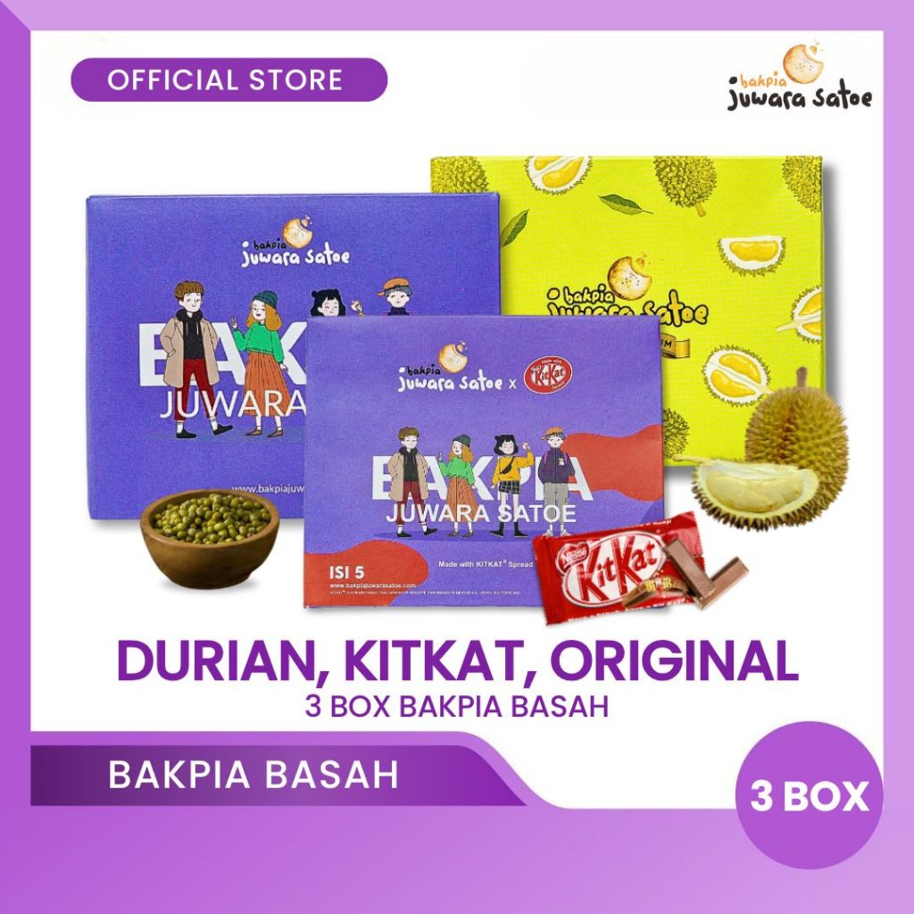 

BAKPIA JUWARA SATOE [ 3 Box ] Paket Bakpia Basah Mix (Durian, Kitkat, Original) - Oleh Oleh Khas Jogja