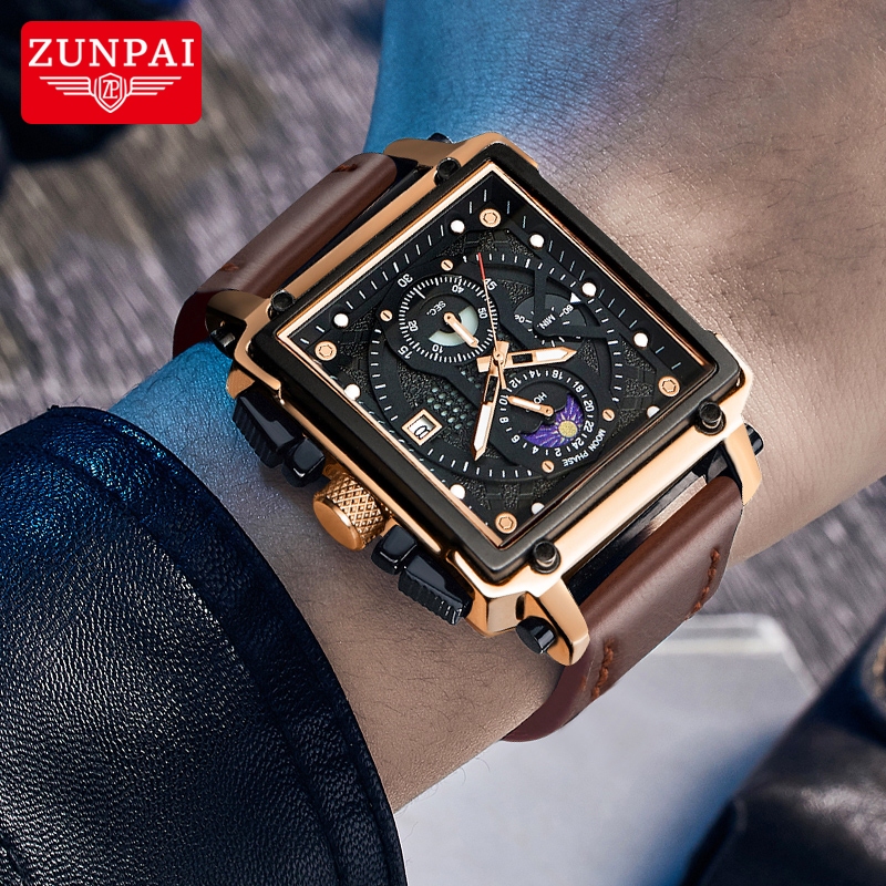 ZUNPAI Jam Tangan Pria Asli Anti Air Kulit Keren Bercahaya Hitam Coklat Persegi Chronograph Tali Kul