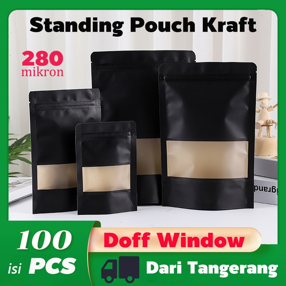 100PCS STANDING POUCH KRAFT WINDOW Plastik Klip Makanan Kemasan Snack Ziplock Food Grade Zipper Bag 