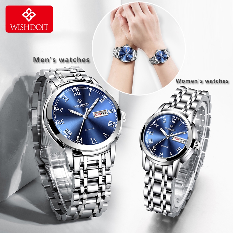 WISHDOIT Jam Tangan Pasangan Anti Air Asli Baja tahan karat Perak Fashion Pria dan Wanita Set Hadiah
