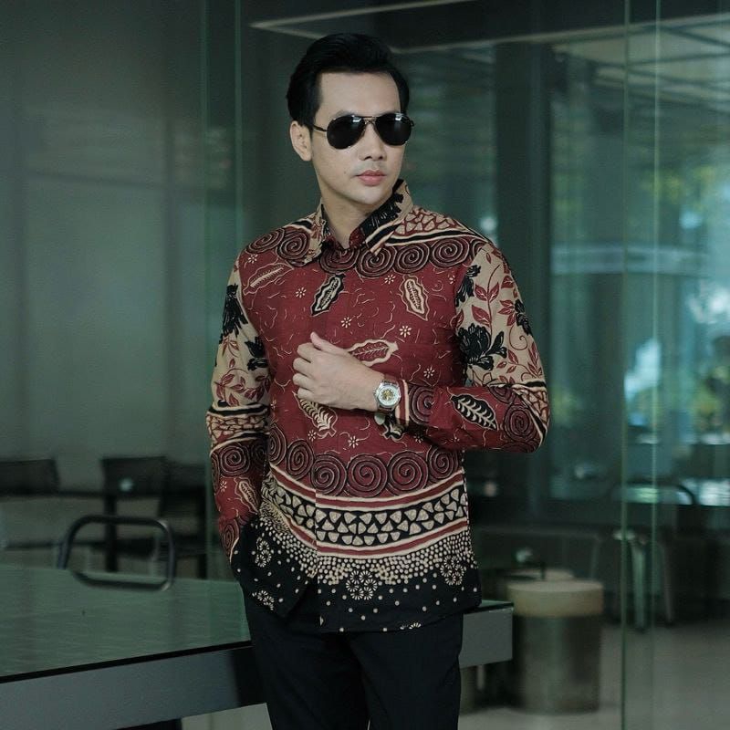 Kantong Semar New Dewata Merah Maroon Kemeja Batik Pria Lengan Panjang Size M L XL XXL Modern Kekini