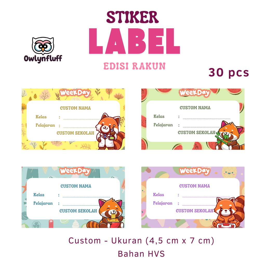 

30 Pcs Stiker Label Nama Buku Edisi Rakun (Custom)