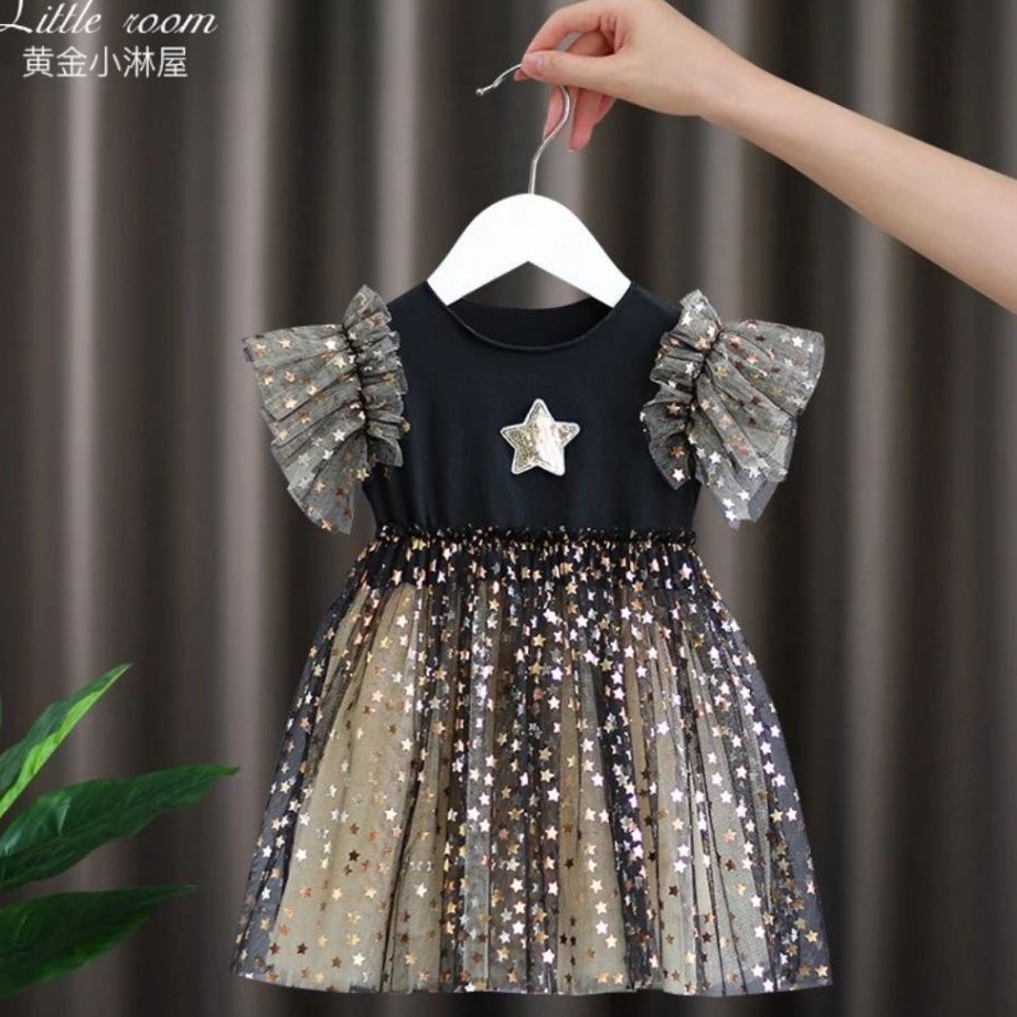 RAMADHAN 33 heybaby Dress MERRYSTAR Black Mamba Star Gold Anak Perempuan Bahan Tile Halus Gaun Manis
