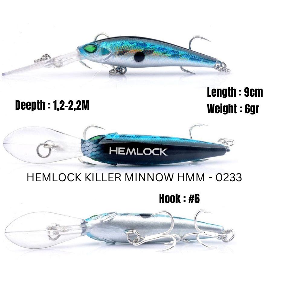 UMPAN MINNOW HEMLOCK 9cm | 6gr , HEMLOCK KILLER MINNOW HMM 0233, SINKING MINNOW LIDAH PANJANG