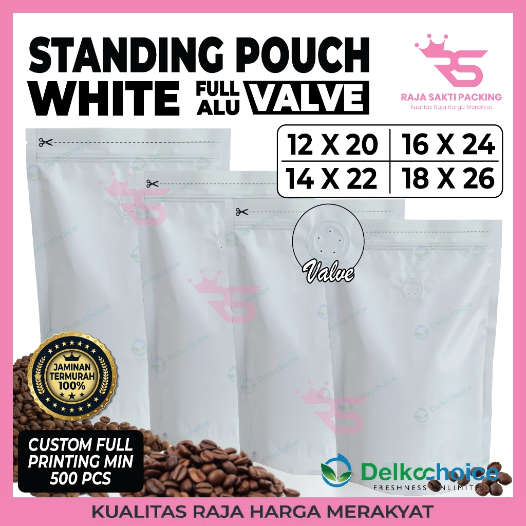 Standing Pouch White Plastik Klip Full Alumunium + Valve Putih Non Window Ziplock Kemasan Kopi Snack