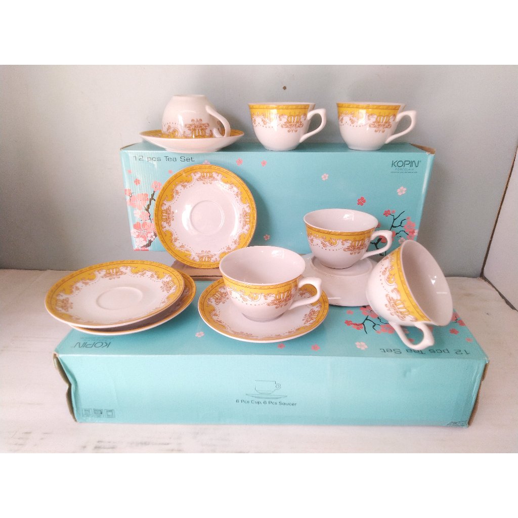 Cangkir set Mahkota 6 Gelas Dan 6 Tatak Royal line / keramik