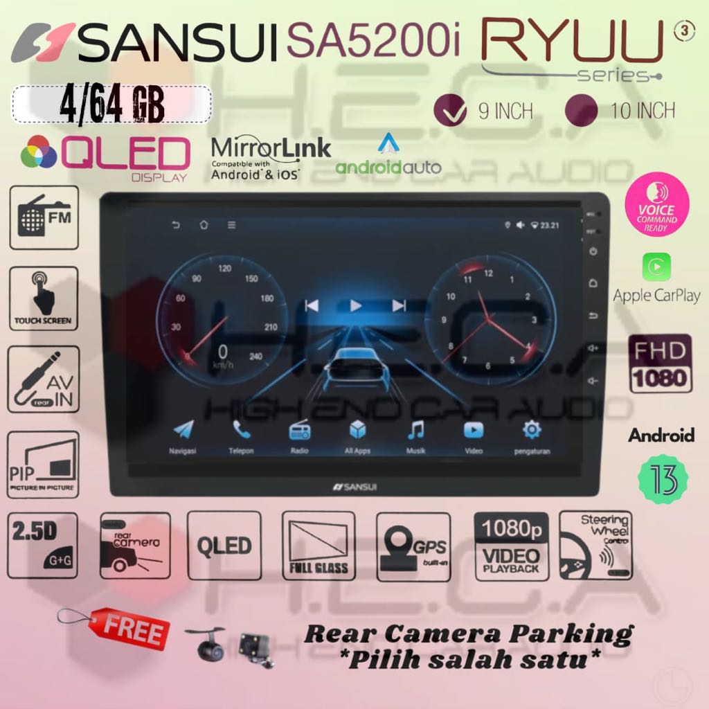 SANSUI RYUU QLED Gen3 4/64 GB Android G3 9" Inch SA-5200I Head Unit Tape TV Mobil Double din + Kamer