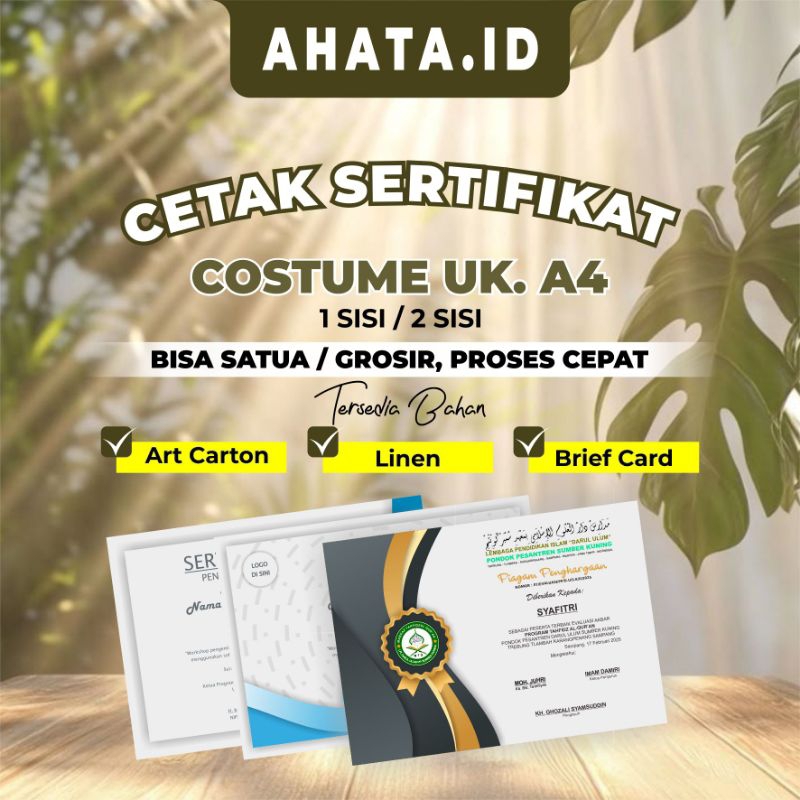 

CETAK SERTIFIKAT CETAK PIAGAM - CETAK SATUAN / GROSIR - UKURAN A4 - PROSES CEPAT