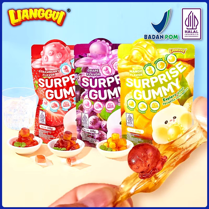 

[HALAL] Lianggui Permen Viral Aneka Rasa Buah Surprise Gummy 108 Gr