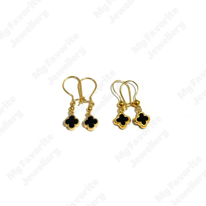 Anting Clover Hitam Gantung Emas Asli Kadar 700 16K