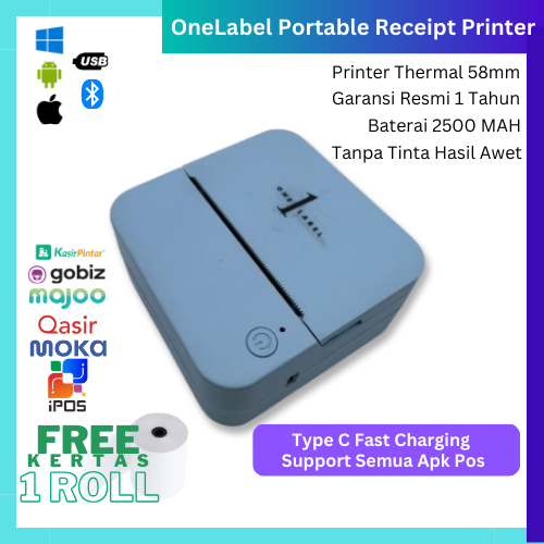 ONELABEL Printer Thermal Bluetooth 58MM PORTABLE THERMAL BATERAI KASIR Pocket Mini Printer Bluetooth