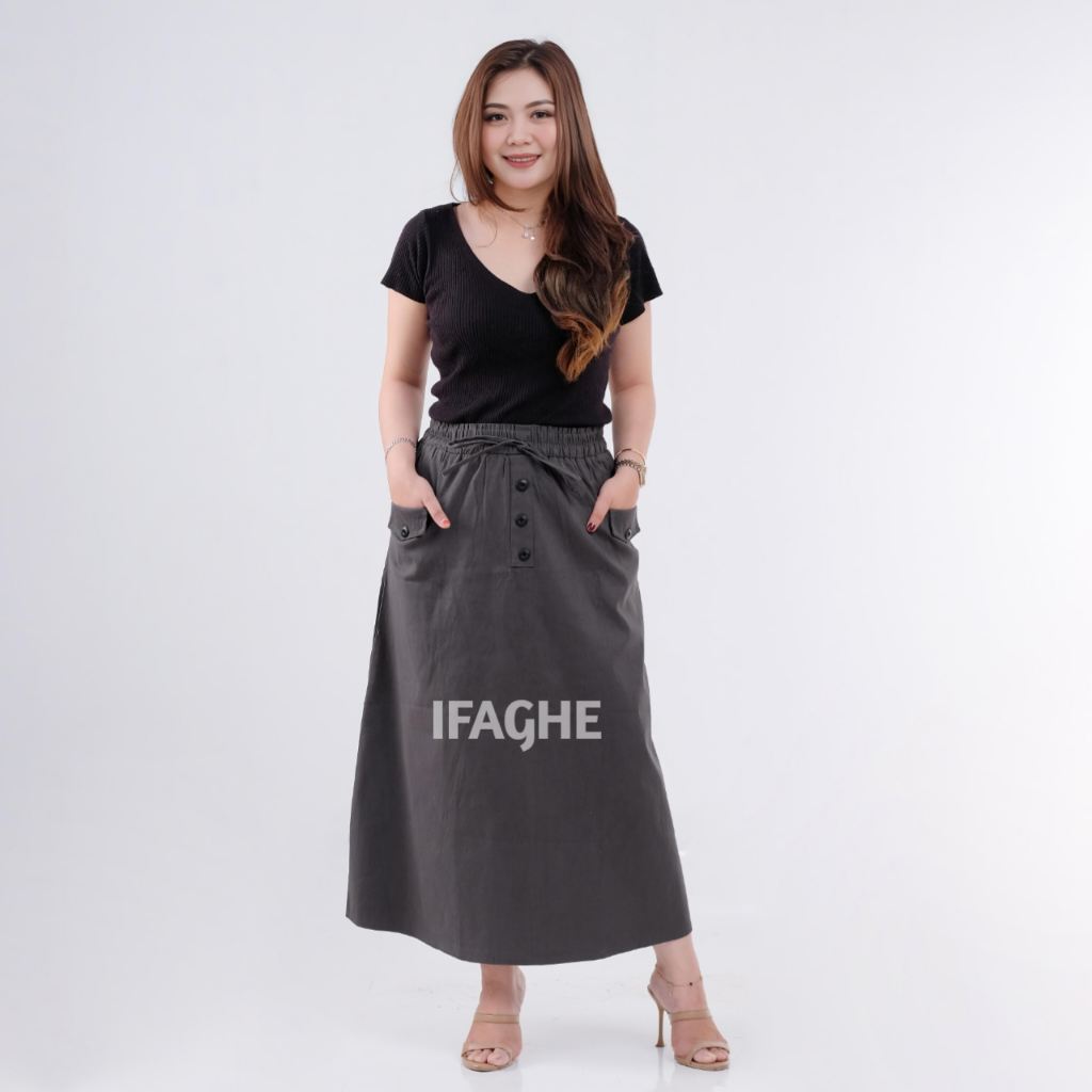 IF - Rok Wanita Skirt Korean Style Kain Katun Twill Combed Premium Panjang Maxi Variasi Kancing depa