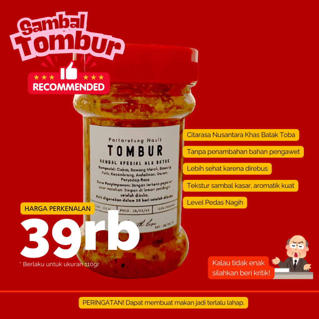 

Kemasan Botol Sambal 110 gr | Sambal Tombur Khas Batak Toba | Home Made | Sambal Sehat | 100% Bahan Baku Alami | Tanpa Pengawet
