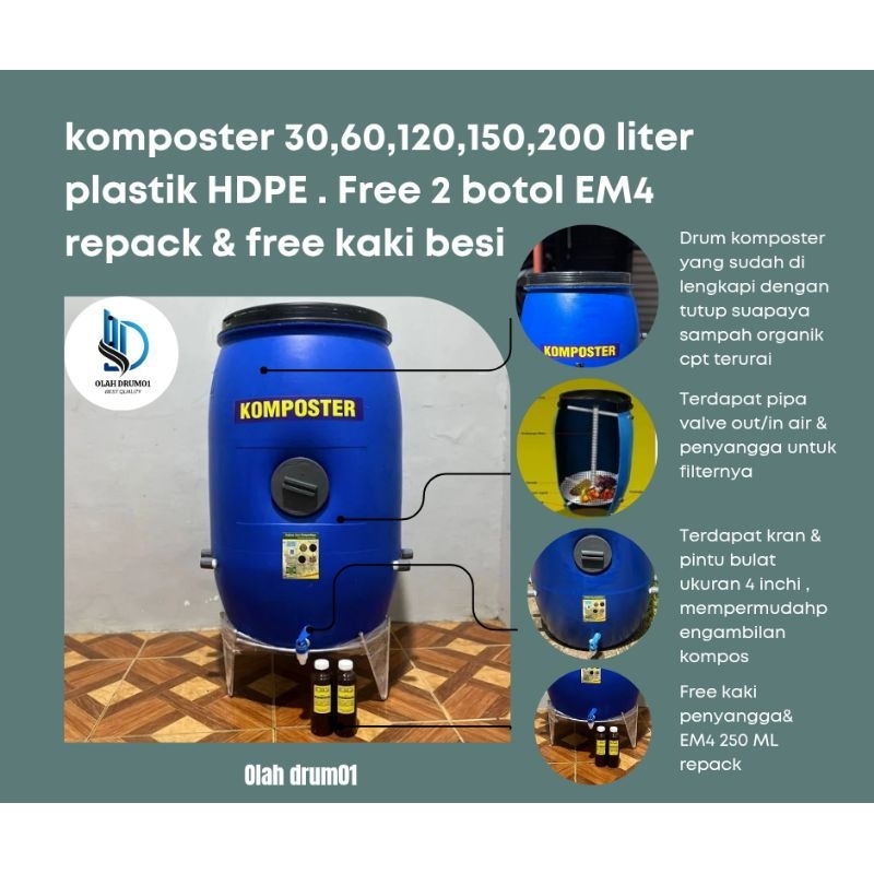 drum komposter/tong sampah/drum sampah/organik/pupuk poc 30/60/120/150/200 liter lengkap free kaki b