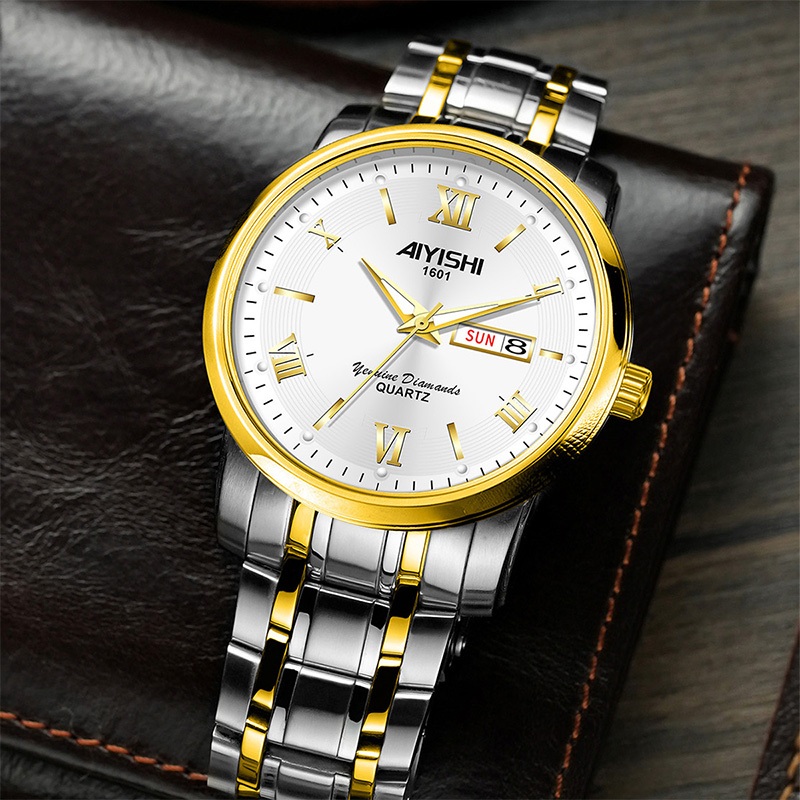 Jam tangan pria bermerek asli AIYISHI, jam tangan bisnis pria baja tahan karat bercahaya model 1601