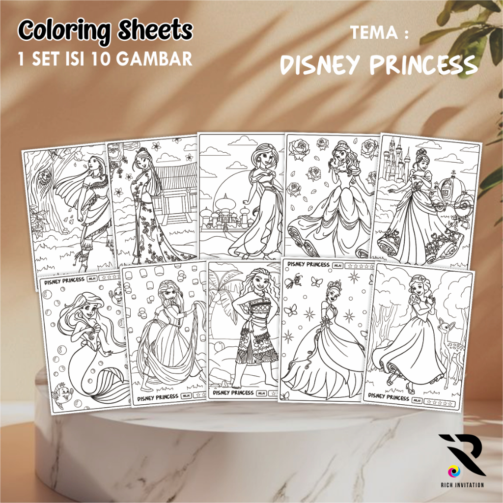 

[TEMA DISNEY PRINCESS] KERTAS GAMBAR UNTUK ANAK - LEMBAR MEWARNAI ANAK 1 SET ISI 10 LEMBAR GAMBAR