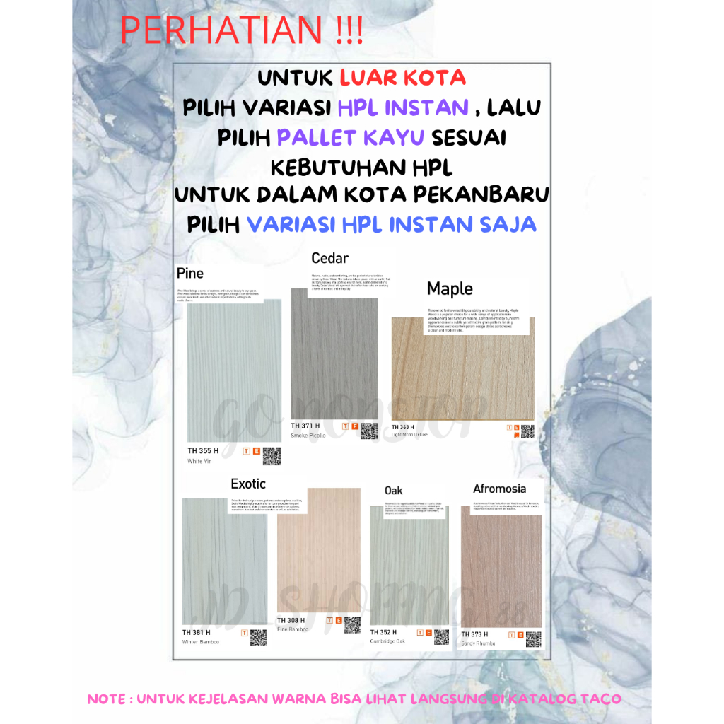 (LUAR KOTA WAJIB PALLET KAYU) HPL Taco Woodgrain TH 355/381/371/327/352/363/373/308/321 H