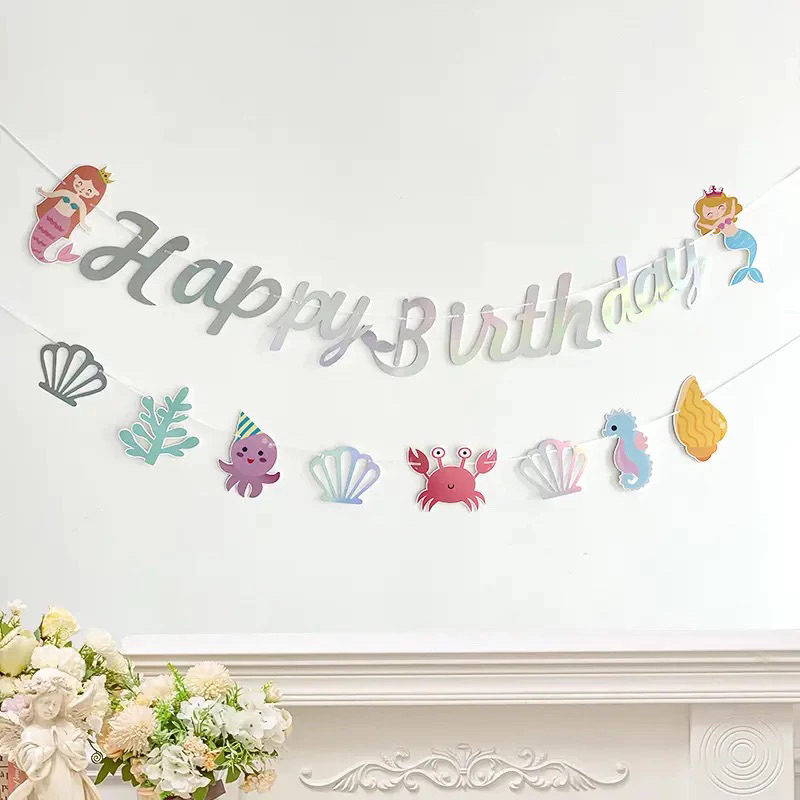 Banner tulisan happy birthday tema putri duyung latin bunting flag garland mermaid baner spanduk bac
