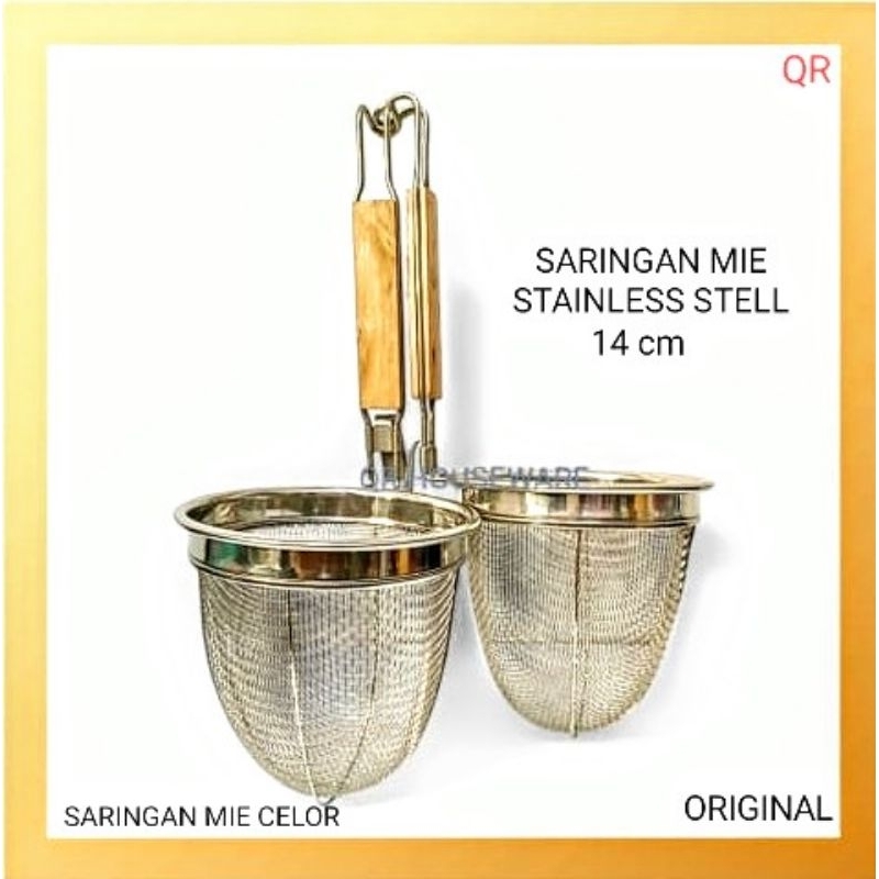 Saringan Mie Stainless Steel Tebal - Serok Mie Ayam Gagang Kayu Anti Panas