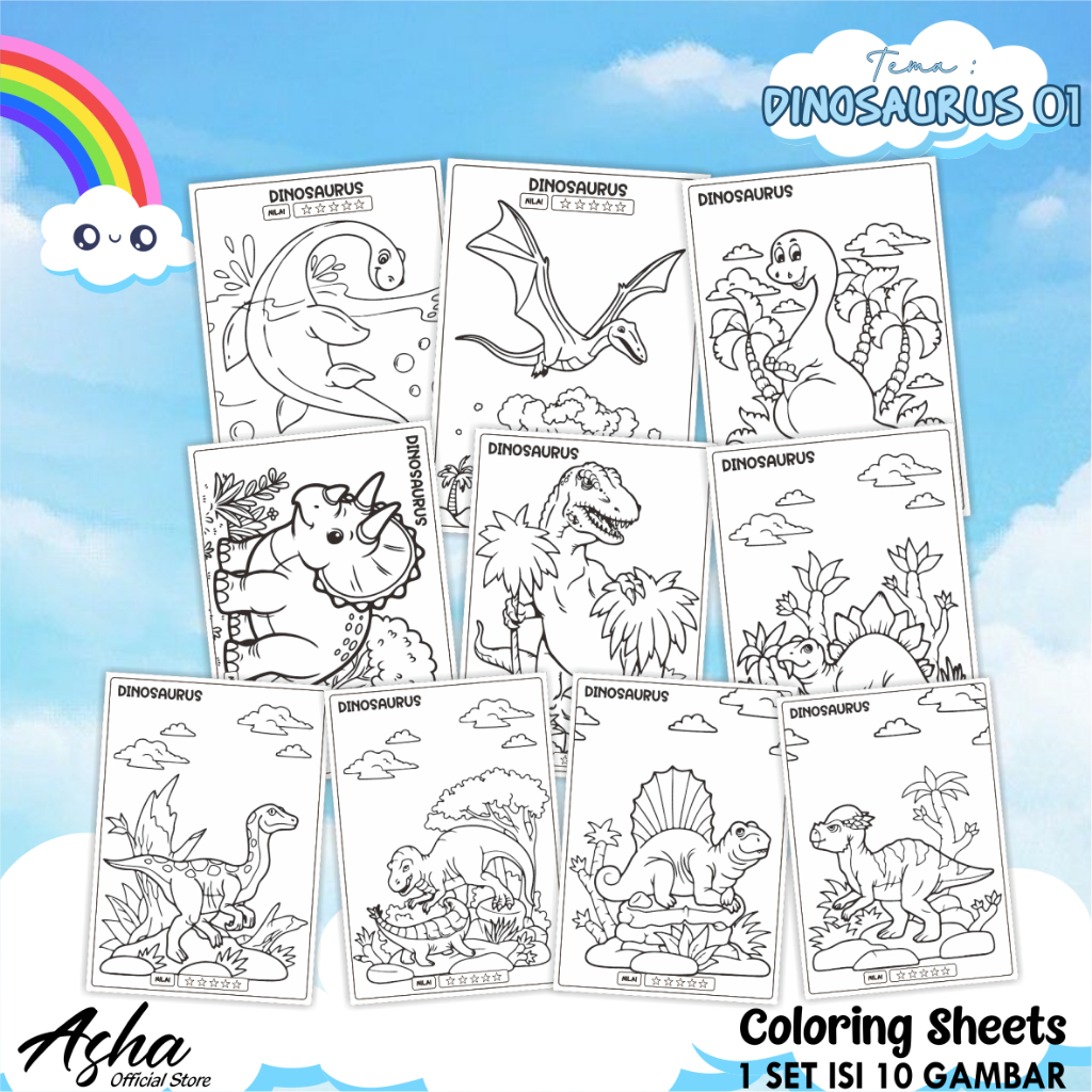 

KERTAS GAMBAR UNTUK ANAK - LEMBAR MEWARNAI ANAK 1 SET ISI 10 LEMBAR GAMBAR DINOSAURUS 01 UKURAN A5