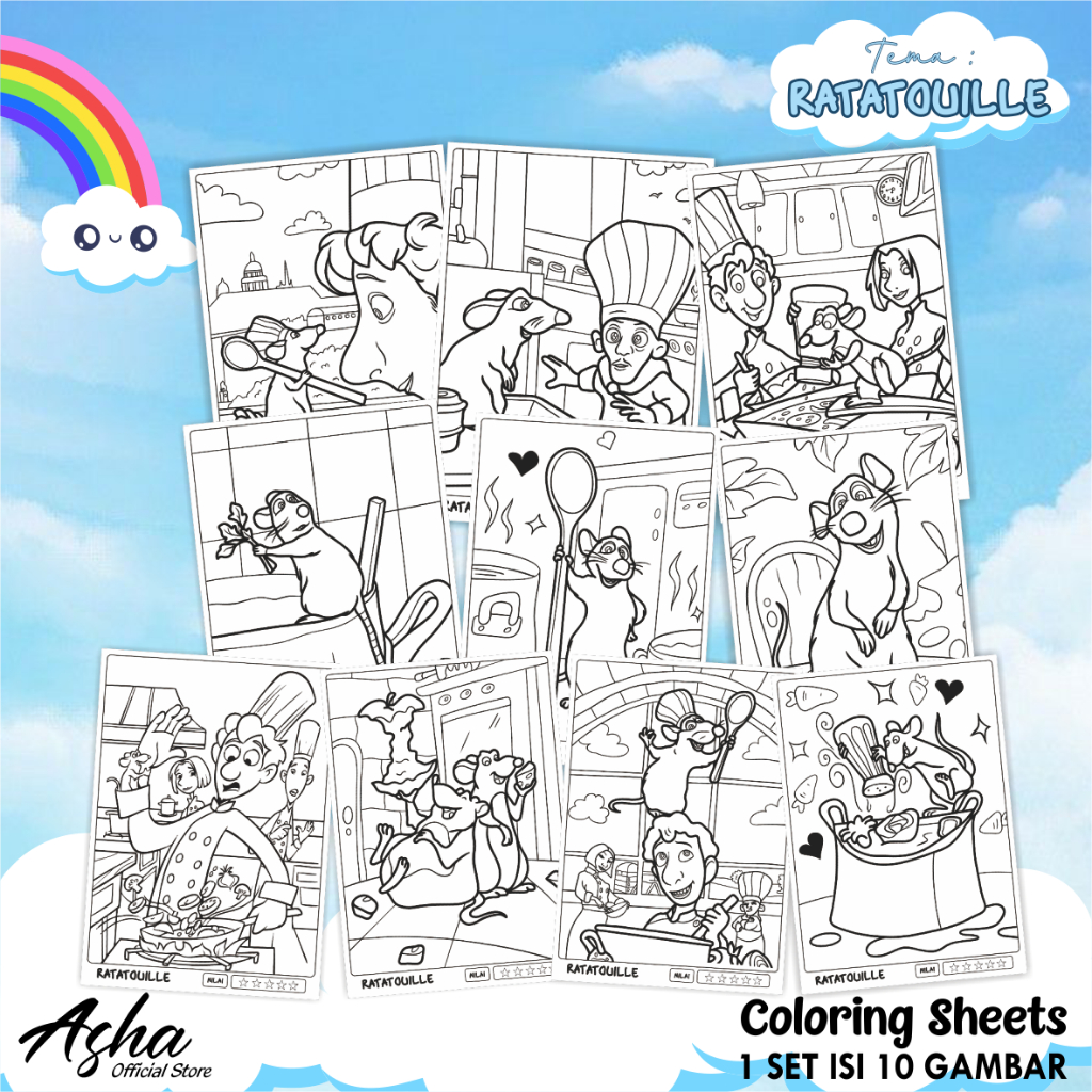 

KERTAS GAMBAR UNTUK ANAK - LEMBAR MEWARNAI ANAK 1 SET ISI 10 LEMBAR GAMBAR RATATOUILLE UKURAN A5