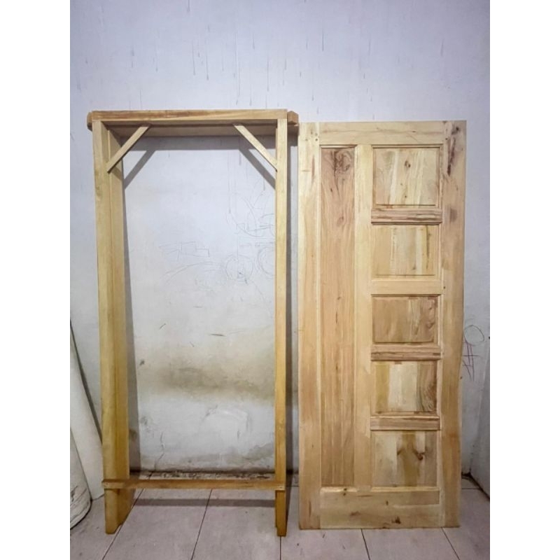 Ready Stok Daun Pintu Rumah Dan Kusen 1Set Kayu Mahoni Motif Minimalis