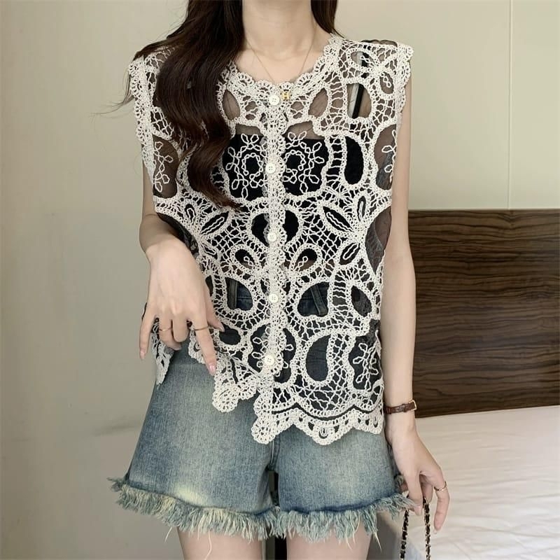 37990 Atasan Pakaian Baju blus blouse brukat brokat chrochet bordir cantik manis mewah elegan korean
