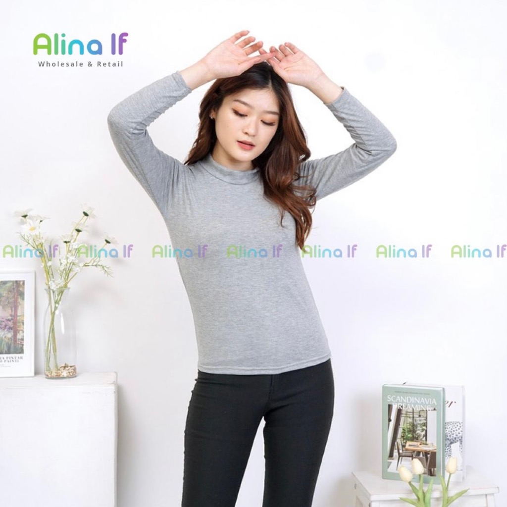 Manset Lengan Panjang Turtleneck Bahan Kaos Spandex - Atasan Dalaman Wanita Leher Tinggi - Baju Hang
