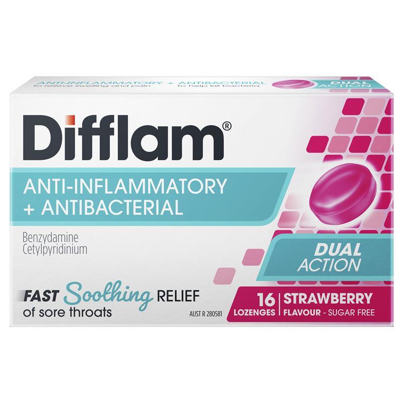 

Difflam Sore Throat Sugar Free Strawberry 16 Lozenges Australia