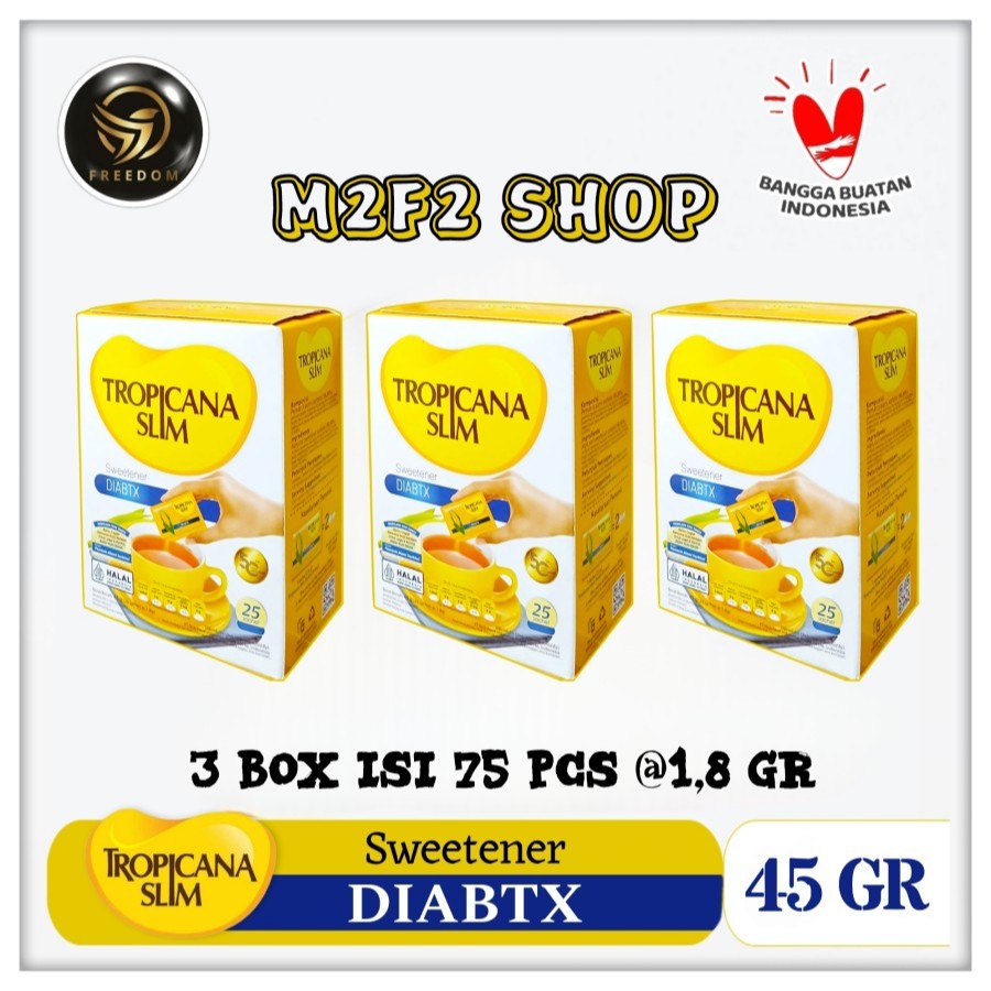 

Tropicana Slim DIABTX Sweetener | Gula Manis Alami Nol Kalori Isi 25 Sachet | MT - 50 gr (Kemasan 3 Box)
