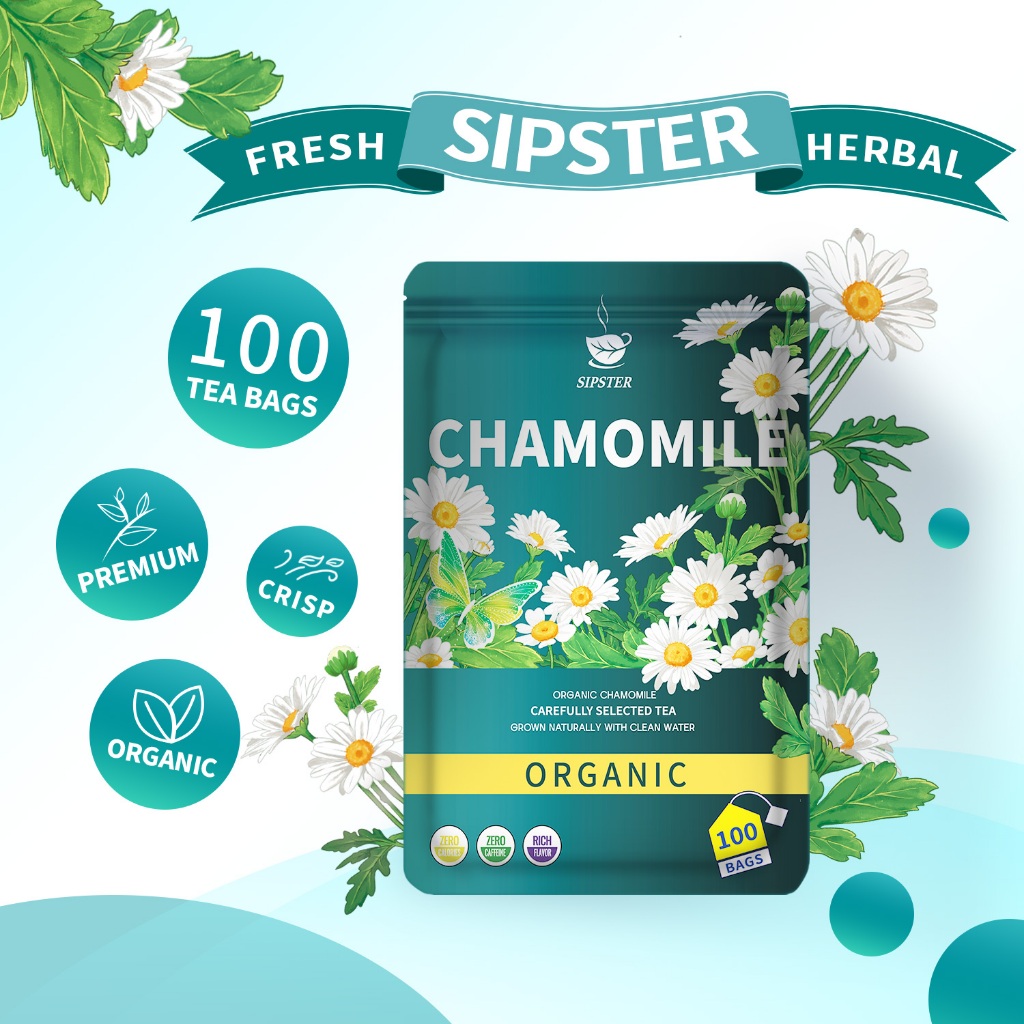 

SIPSTER Teh Chamomile | 100 Kantong Teh | 170g | Teh Insomnia | Teh Bunga Kamomil | Flower Tea | Herbal Organik | Bebas GMO & Kafein