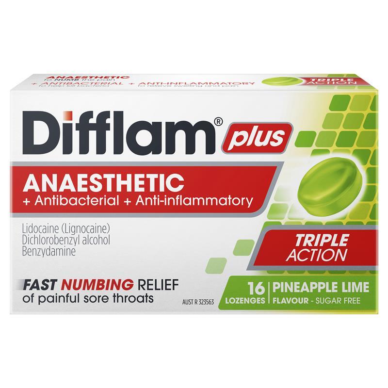 

Difflam Plus Anaesthetic Sugar Free Pineapple & Lime 16 Lozenges Australia