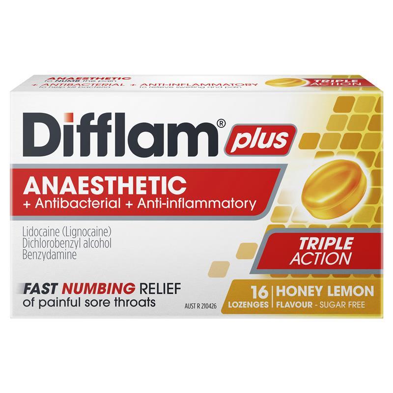 

Difflam Plus Anaesthetic Sugar Free Honey Lemon 16 Lozenges Australia