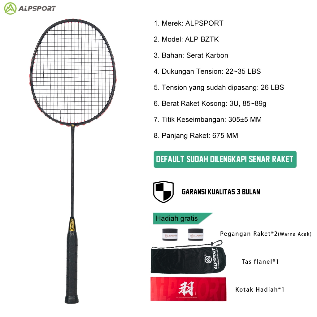 ALPSPORT BZTK 1K Kain Karbon 3U Max 35LBS Serangan Super Tingkatkan Pukulan Keras Raket BuluTangkis 