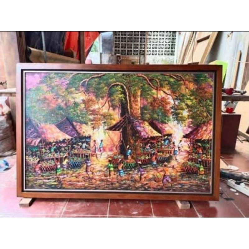 lukisan kanvas suasana pasar cat timbul