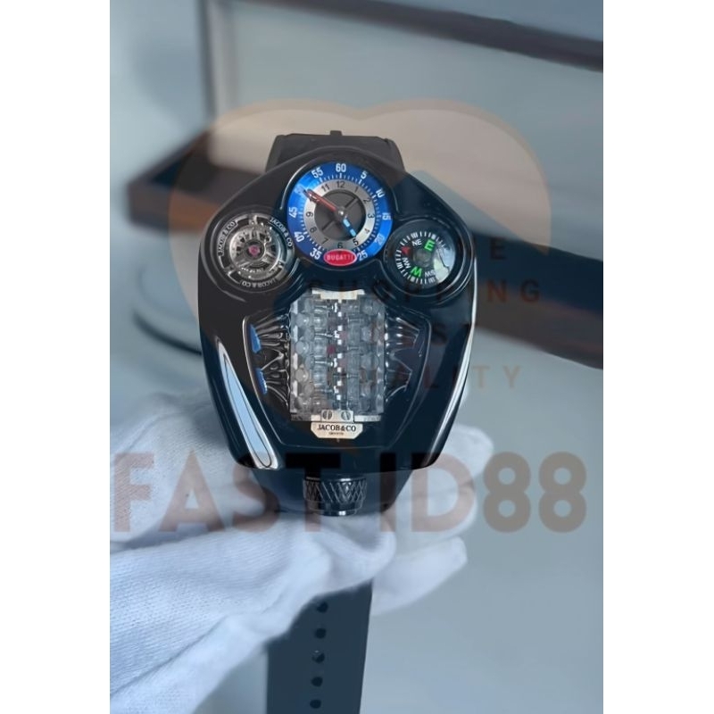 jam pria jacob & co Bugatti Tourbilon black titanium strap Ultra soft rubber D.50mm