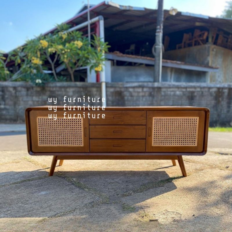 bufet tv retro minimalis kayu jati, bufet tv kayu jati kombinasi rotan, meja tv retro kayu jati, mej