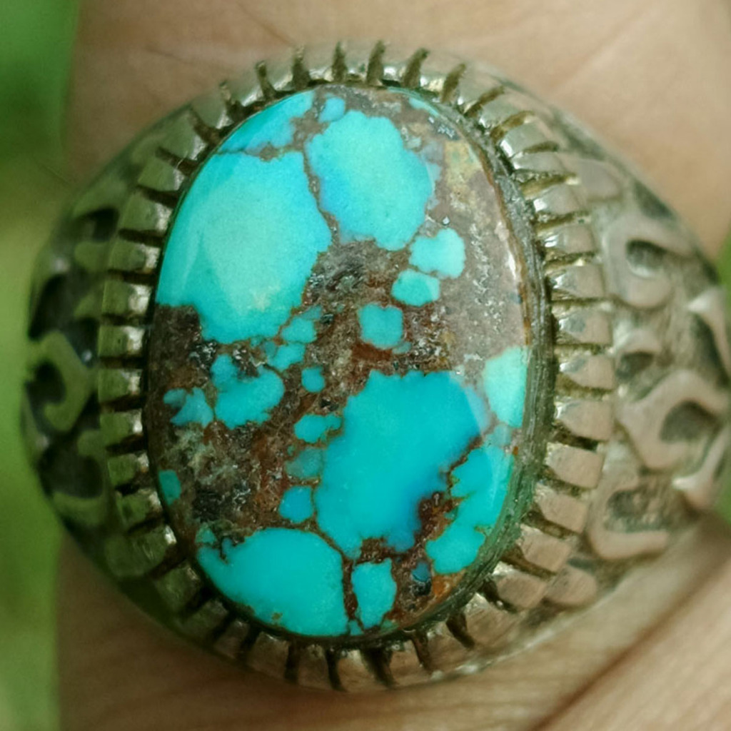 Batu Natural Pirus Persia Super Urat Emas Toska Hijau Bersih Matrik Keren Dim-20 Ring Perak Handmade